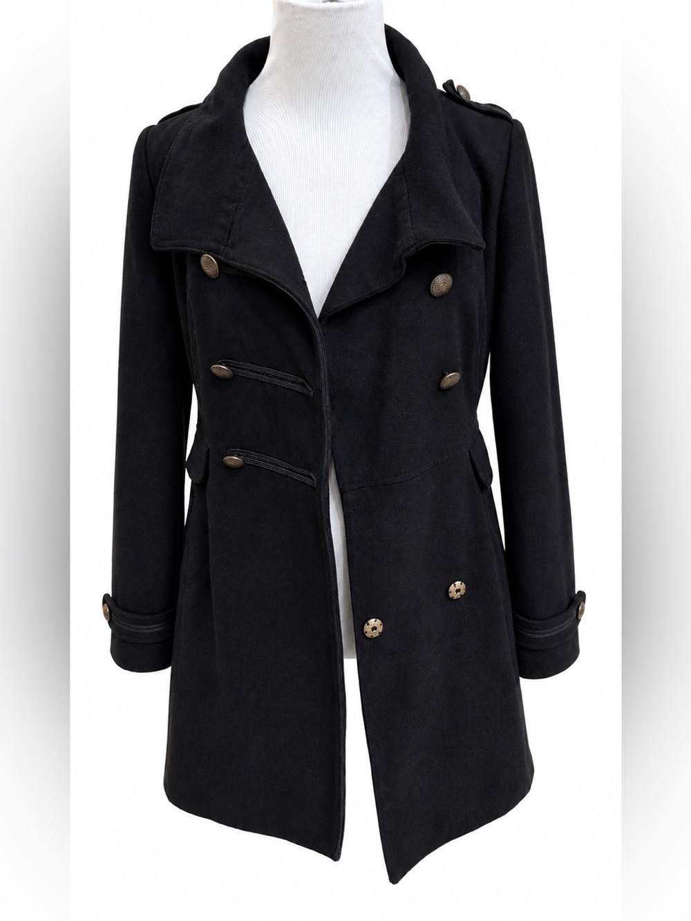 H&M Black Double-Breasted Military Style Pea Coat with Brass Buttons Size 6